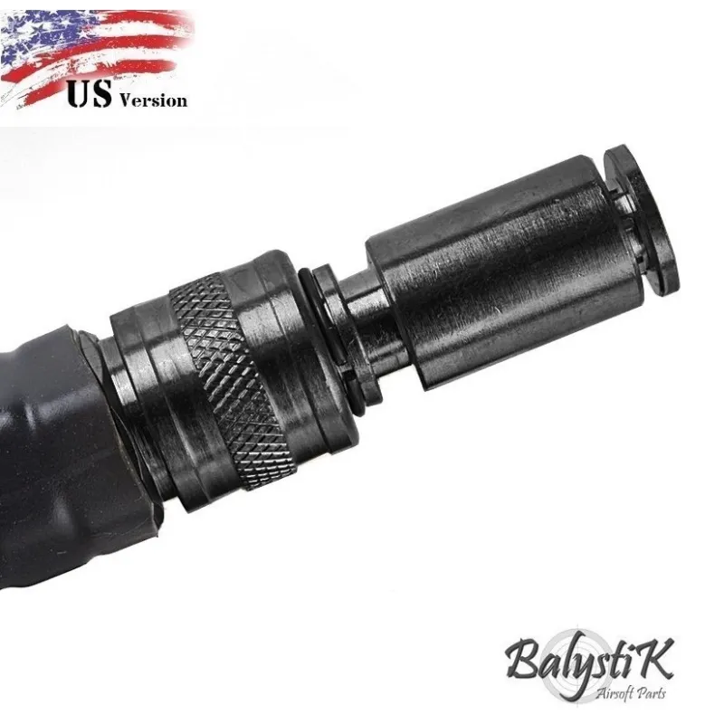 Ligne HPA tressée Balystik grise version US, détail du raccord rapide femelle et de l'adaptateur