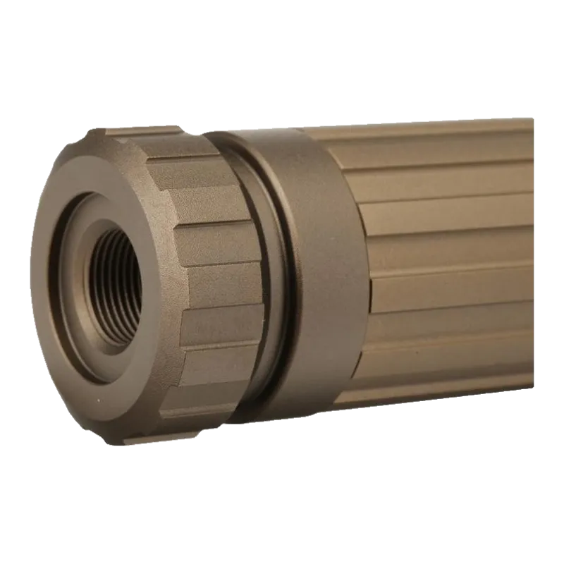 Silencieux Action Army DDW FDE, gros plan du filetage femelle 14 mm CCW