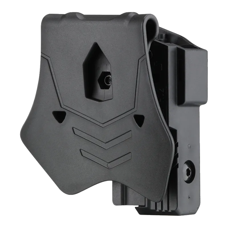 Holster universel Amomax Rot360 noir, vue de dos du paddle et de sa liaison crantée