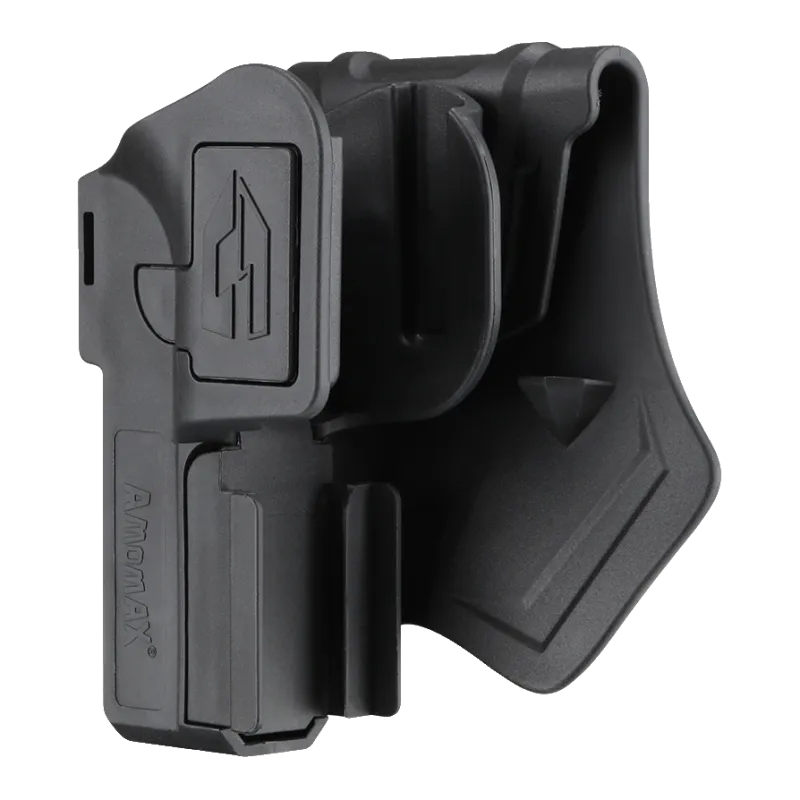 Holster universel Amomax Rot360 noir, vue de trois quarts côté paddle