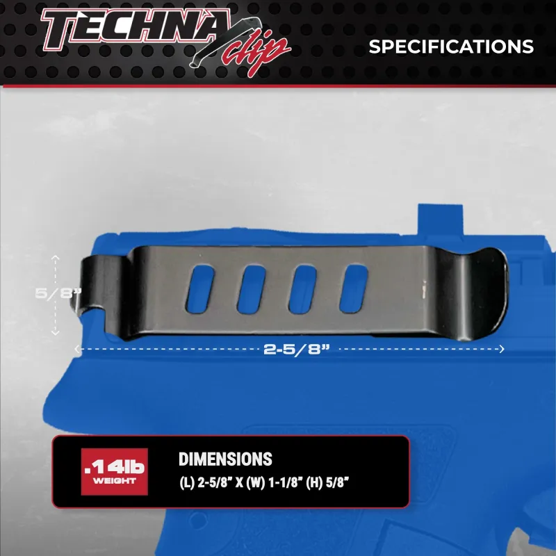Clip ceinture Techna Clip pour Glock monté sur culasse, dimensions et poids du fabricant