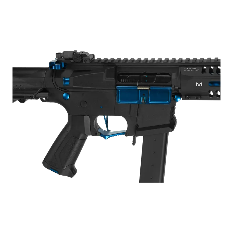 G&G ARP 9 Sky, gros plan carcasse, détente bleue et marquage M-LOK Rail V5