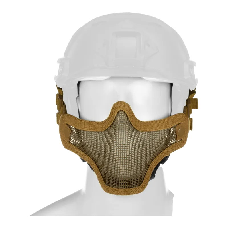 Masque grillagé Invader Gear Fast tan fixé sur un casque FAST, vue de face