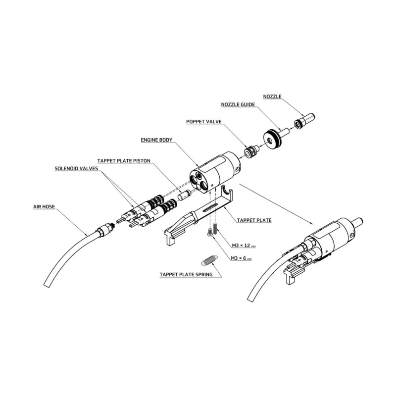 Vue éclatée de l'engine HPA Gate Pulsar D : corps, solénoïdes, poppet, guide, nozzle et tappet plate