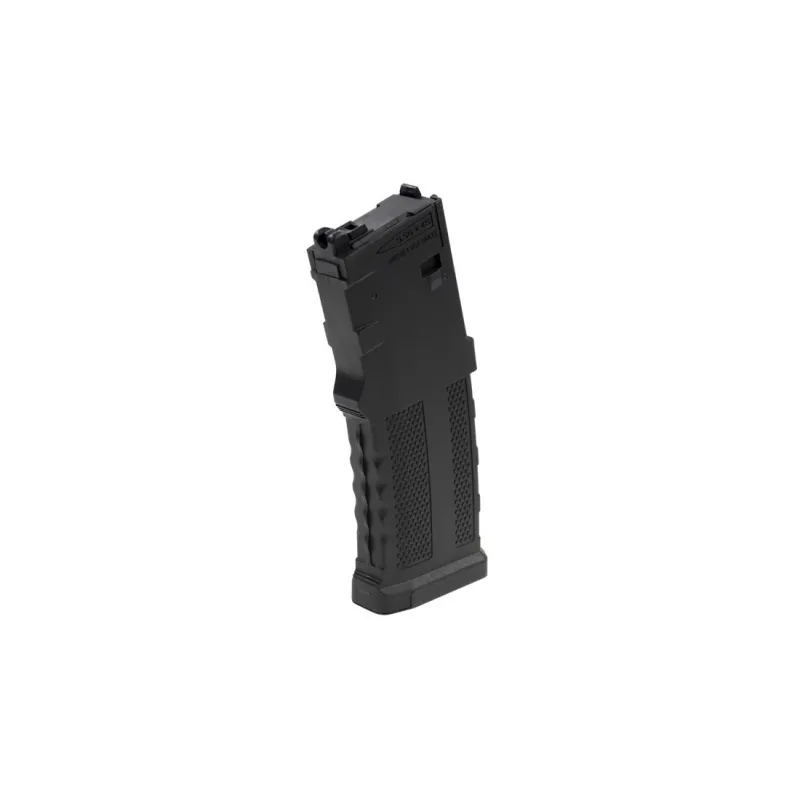 Chargeur GBBR Secutor MWS Centurion 35 billes noir, vue de trois quarts avec lèvres d'alimentation
