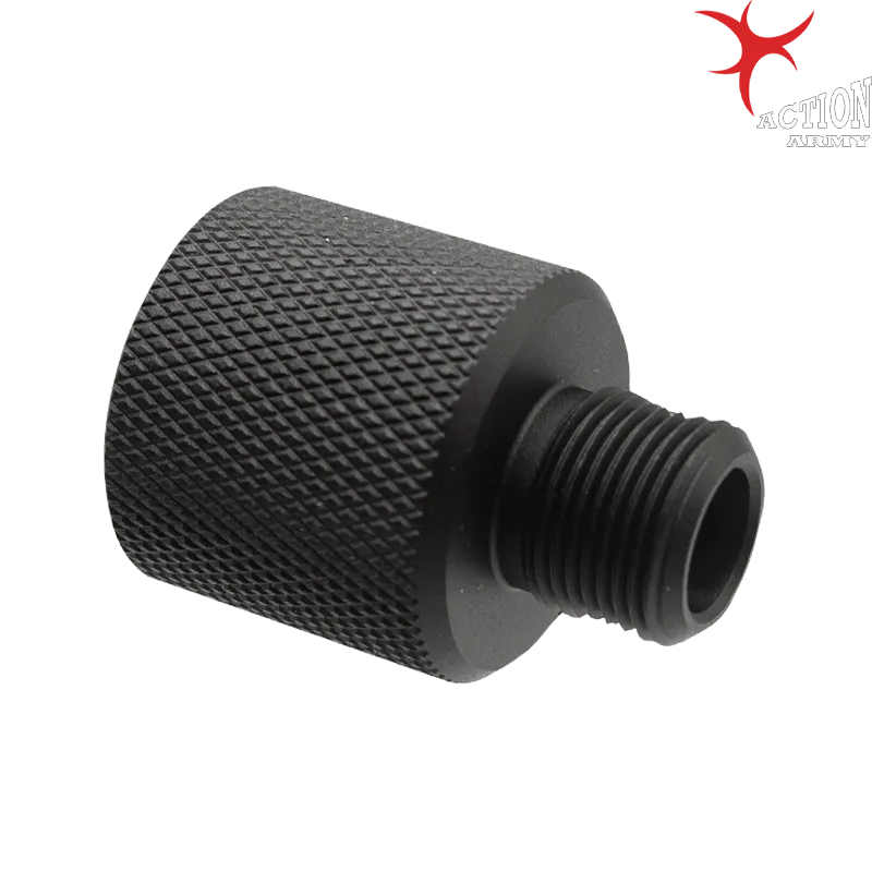 Adaptateur silencieux Action Army pour Amoeba noir, vue trois quarts avec logo Action Army