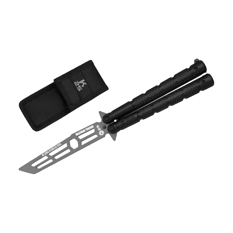 Couteau papillon d'entraînement K25 noir et son étui nylon marqué K25, vue de trois-quarts