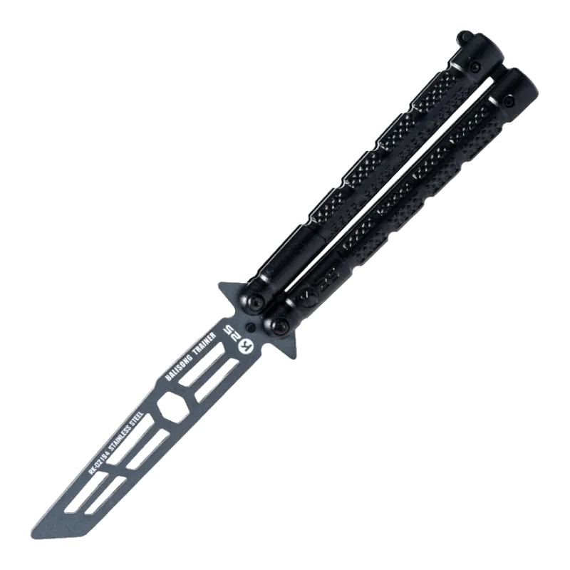 Balisong d'entraînement K25 noir, lame tanto gris anthracite sans fil vue en diagonale