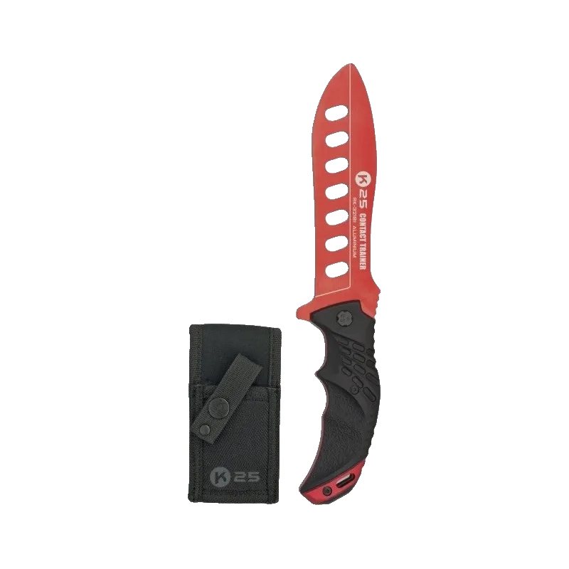 Couteau d'entraînement K25 Contact Trainer rouge, vue verticale, avec son étui nylon K25