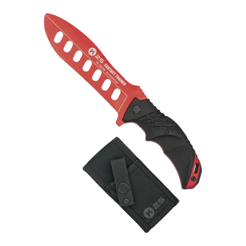 Couteau d'entraînement K25 Contact Trainer rouge et son étui, vue en diagonale