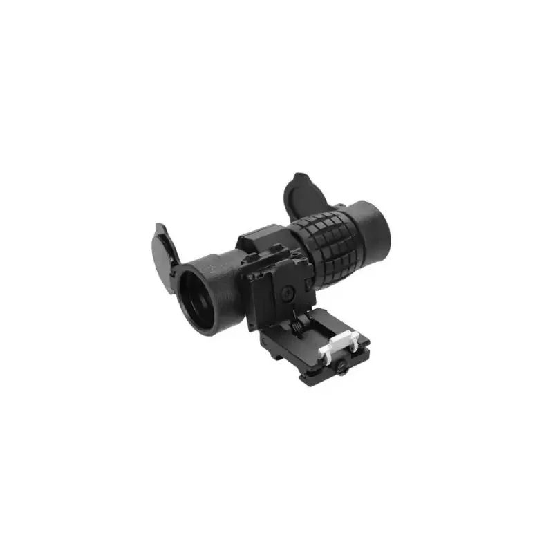 Magnifier 3X Tactical Ops noir, vue de trois quarts arrière avec bonnettes ouvertes