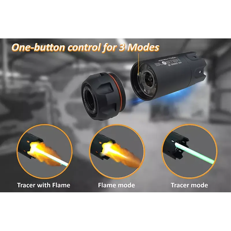 Acetech Blaster noir : bouton et trois modes traceur, flamme, traceur + flamme