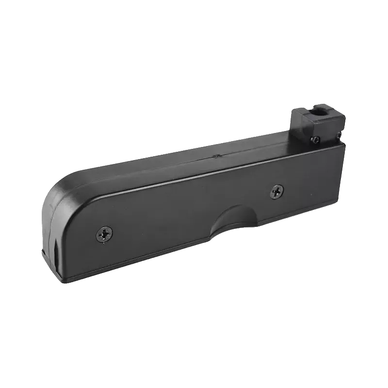 Chargeur 30 billes Tokyo Marui VSR-10 noir, autre face avec deux vis, vue de trois quarts
