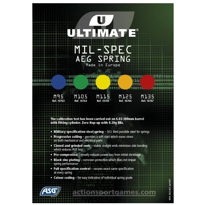 Ressort AEG ASG Ultimate Mil-Spec, fiche de la gamme avec code couleur M125 orange