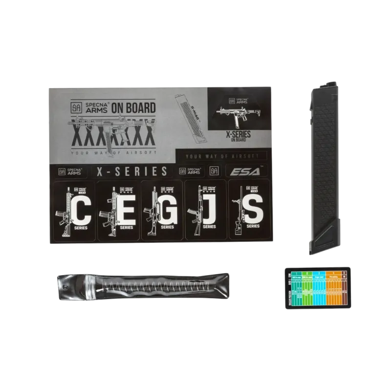 Contenu de la boîte Specna Arms SA-FX01 : chargeur, ressort et carte X-Series