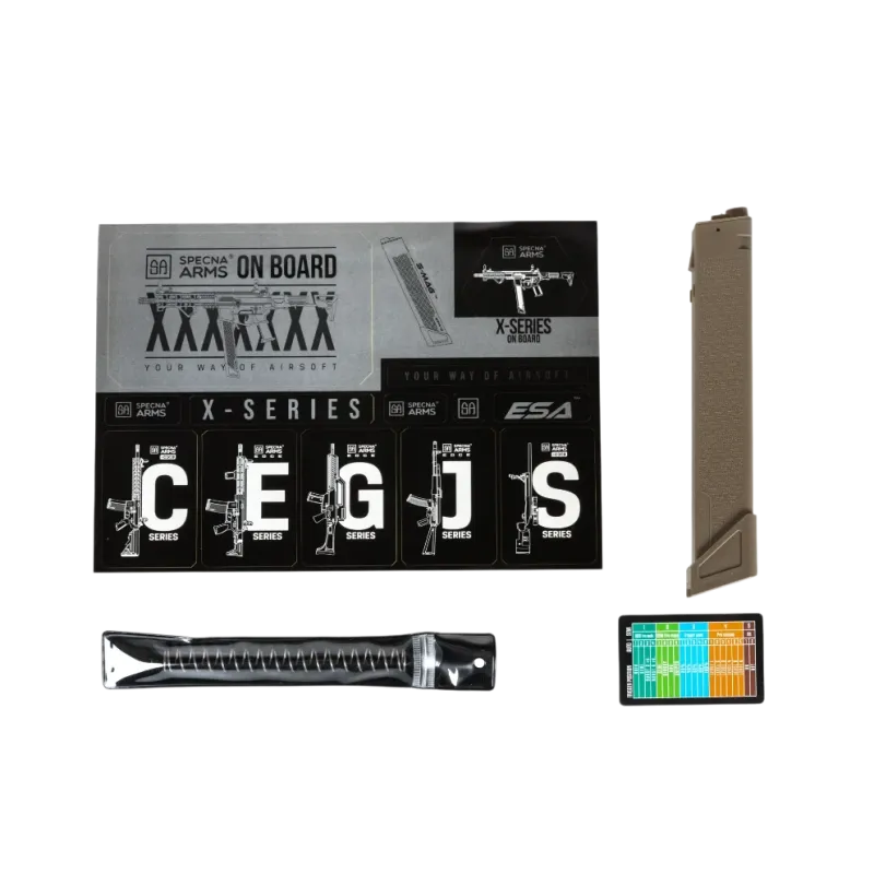Contenu de la boîte Specna Arms SA-FX02 bi-ton : chargeur tan, ressort et carte X-Series