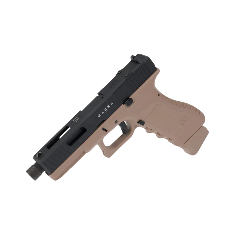 Pistolet CO2 Secutor Gladius Magna VI noir et tan, vue de trois quarts incliné, marquage MAGNA