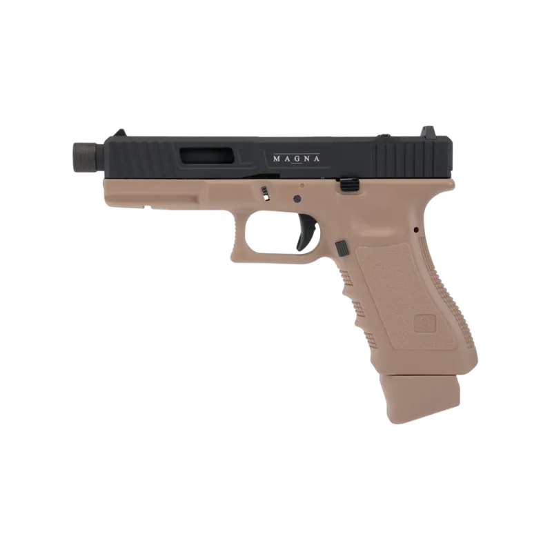 Pistolet CO2 Secutor Gladius Magna VI noir et tan, vue de profil gauche, carcasse tan