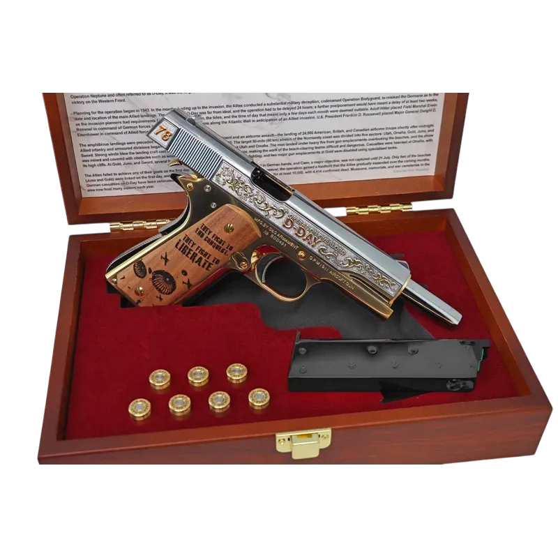 G&G GPM1911 D-Day dans sa mallette en bois ouverte avec chargeur et douilles commémoratives