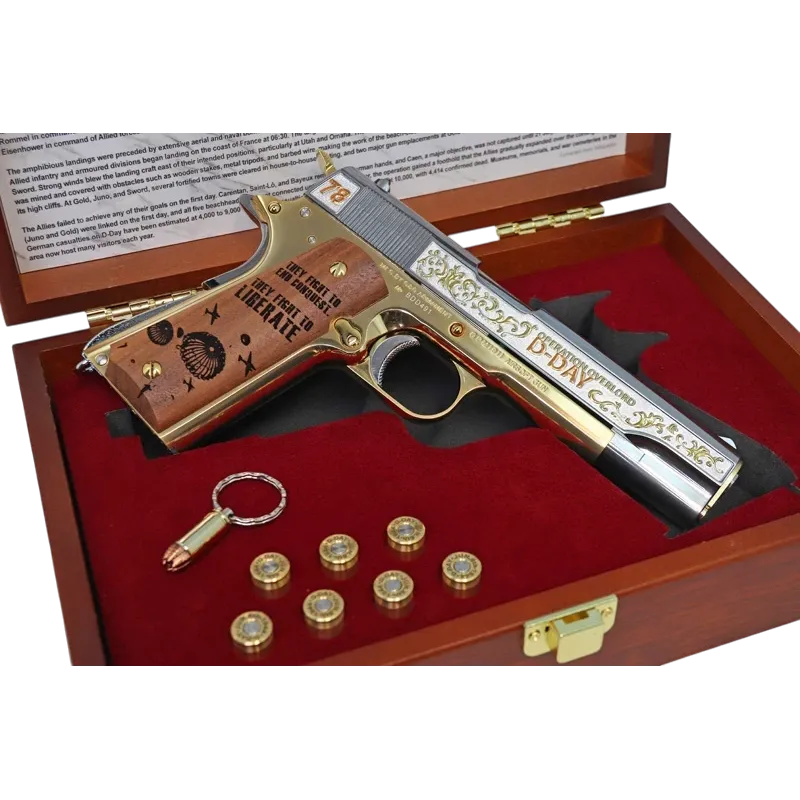 G&G GPM1911 D-Day en mallette, contenu du coffret avec porte-clés cartouche et douilles