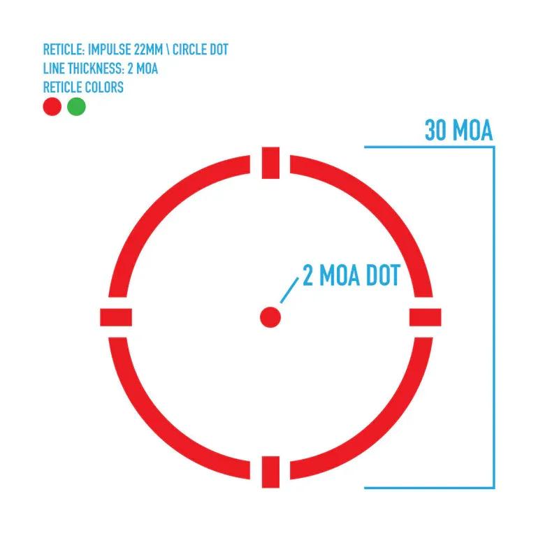 Schéma coté du réticule Firefield Impulse 22 mm : cercle 30 MOA et point 2 MOA