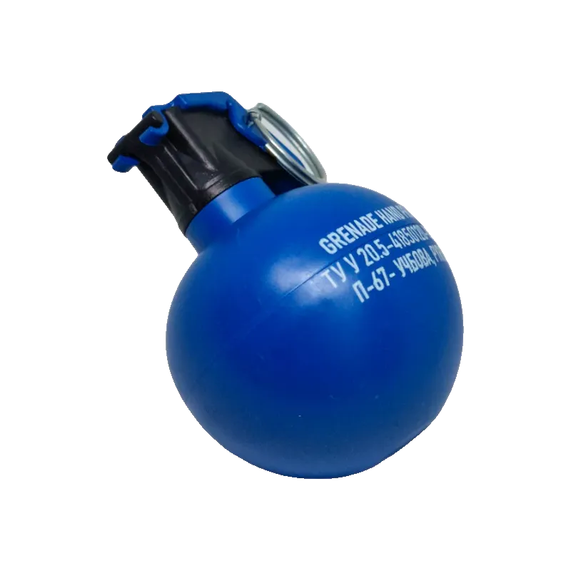 Grenade d'entraînement Pyrosoft P-67 bleue, vue de trois quarts arrière
