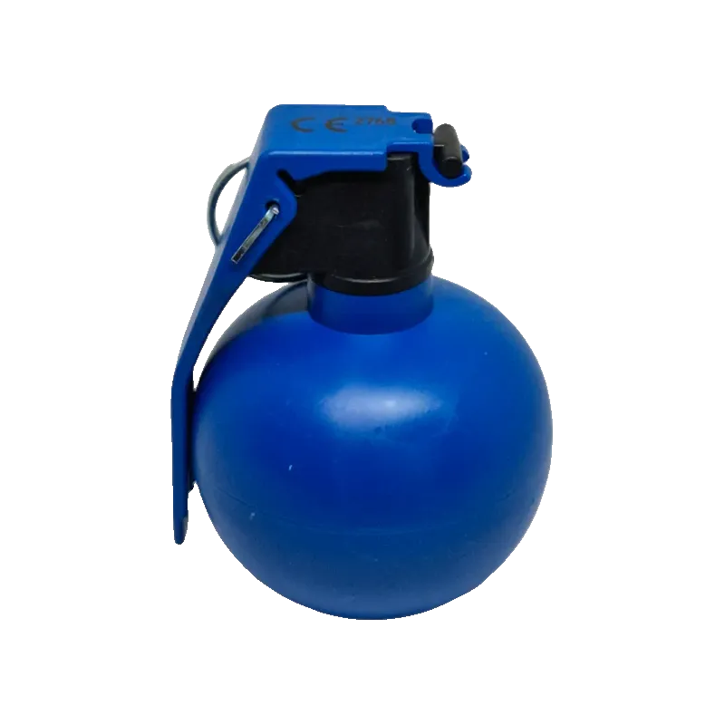 Grenade d'entraînement Pyrosoft P-67 bleue, vue de profil avec levier