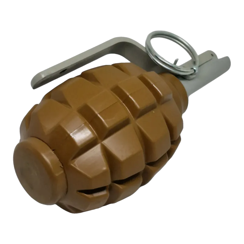 Grenade Pyrosoft PIRO-F1-G couchée, vue du culot et du corps quadrillé