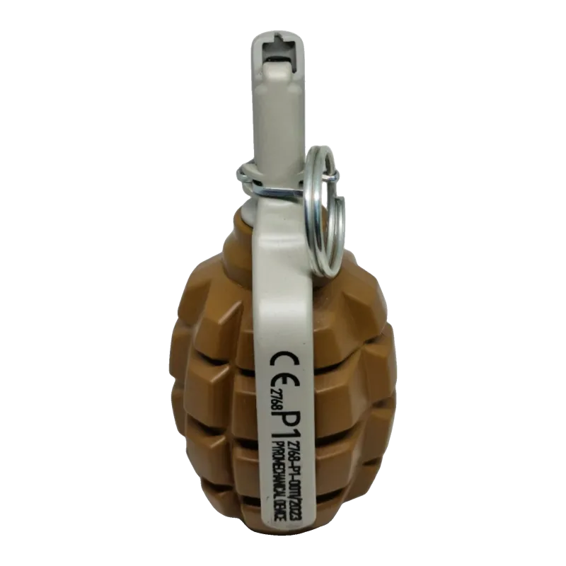 Grenade Pyrosoft PIRO-F1-G debout, vue de face sur le levier marqué CE P1