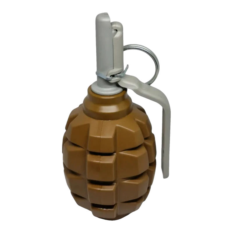Grenade Pyrosoft PIRO-F1-G debout, vue de trois quarts côté levier