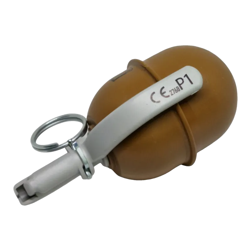 Grenade Pyrosoft PIRO-5G couchée, levier marqué CE P1 et goupille