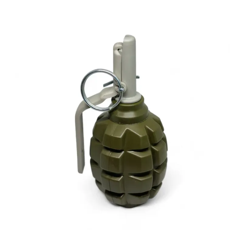 Grenade Pyrosoft PIRO-F1-M vert olive debout, levier gris et anneau de goupille