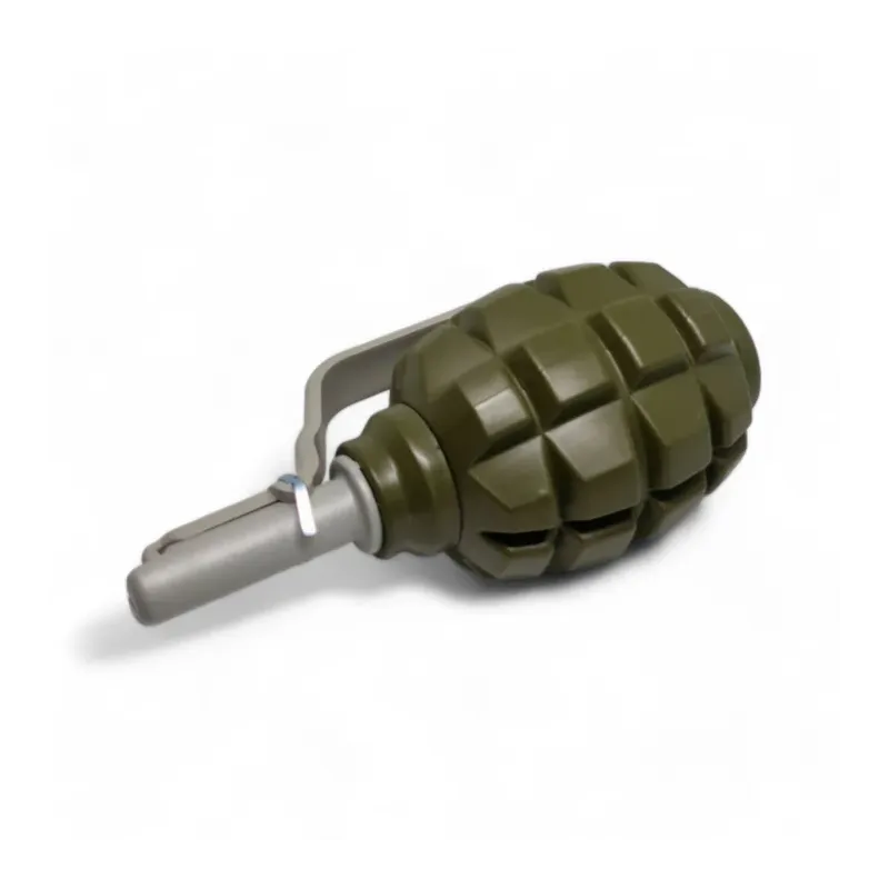 Grenade Pyrosoft PIRO-F1-M couchée, vue de profil avec levier gris