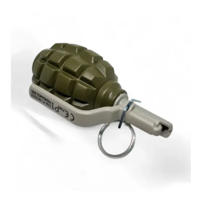 Grenade Pyrosoft PIRO-F1-M, vue plongeante sur le levier marqué CE P1 et l'anneau