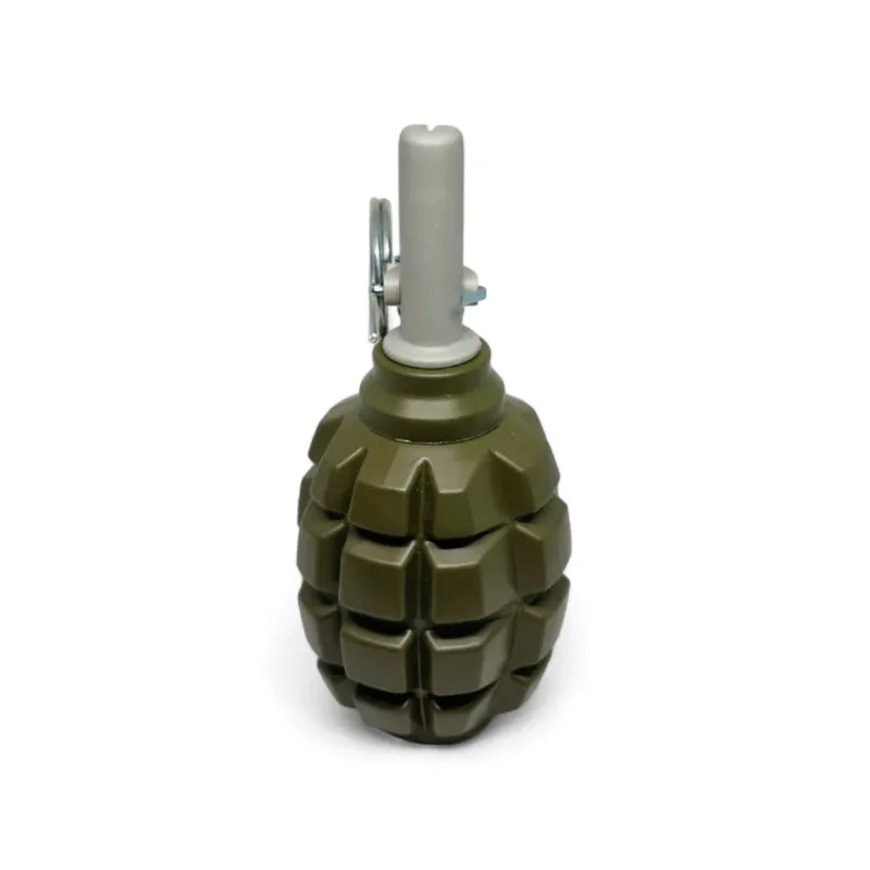 Grenade Pyrosoft PIRO-F1-M debout, vue de face côté opposé au levier
