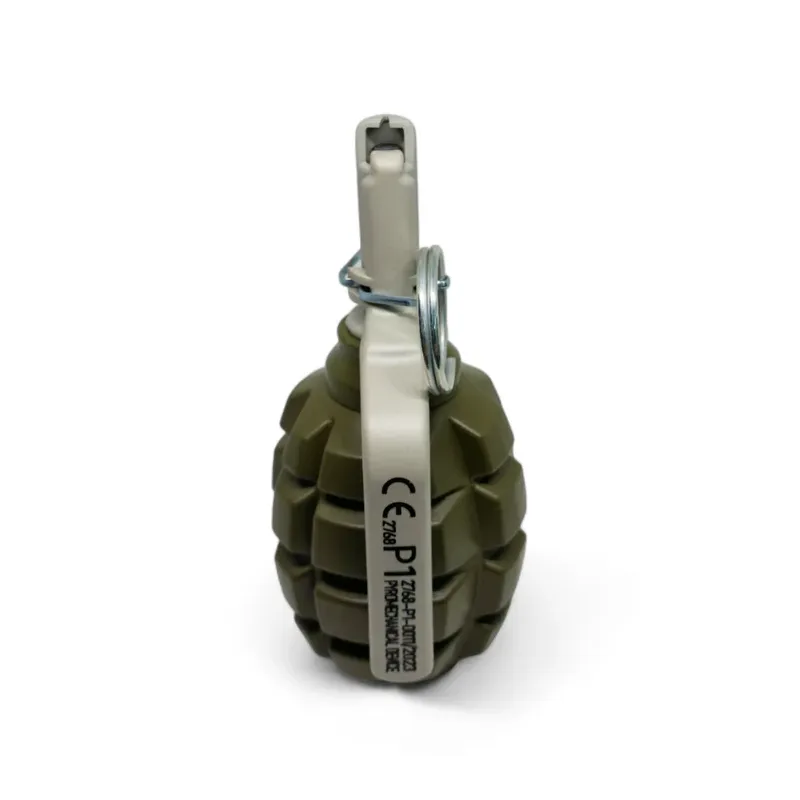 Grenade Pyrosoft PIRO-F1-M debout, levier marqué CE P1 vu de face
