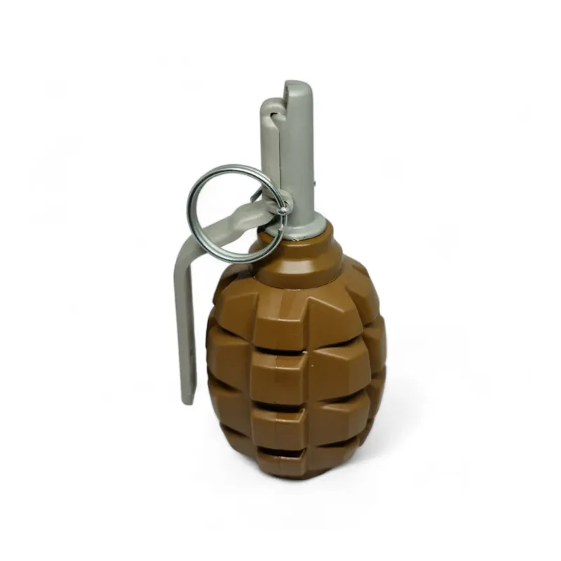 Grenade Pyrosoft PIRO-F1-G marron debout, levier gris et anneau de goupille