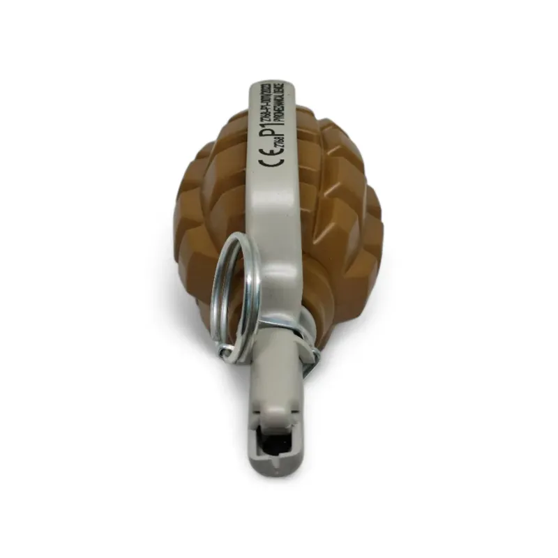Grenade Pyrosoft PIRO-F1-G couchée, levier gris marqué CE P1 vu de dessus
