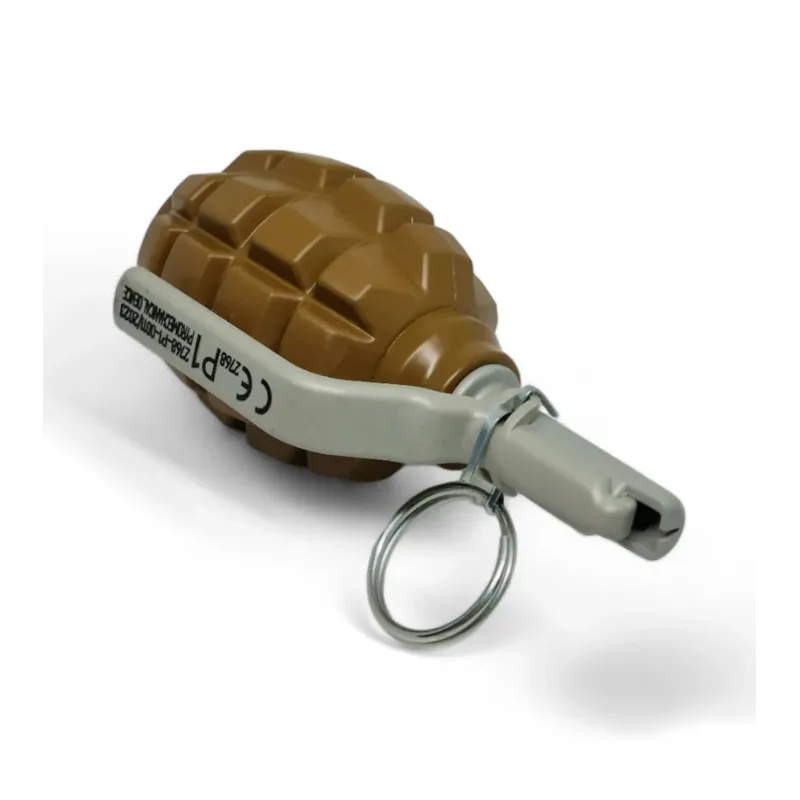 Grenade Pyrosoft PIRO-F1-G, vue plongeante sur le levier marqué CE P1 et l'anneau