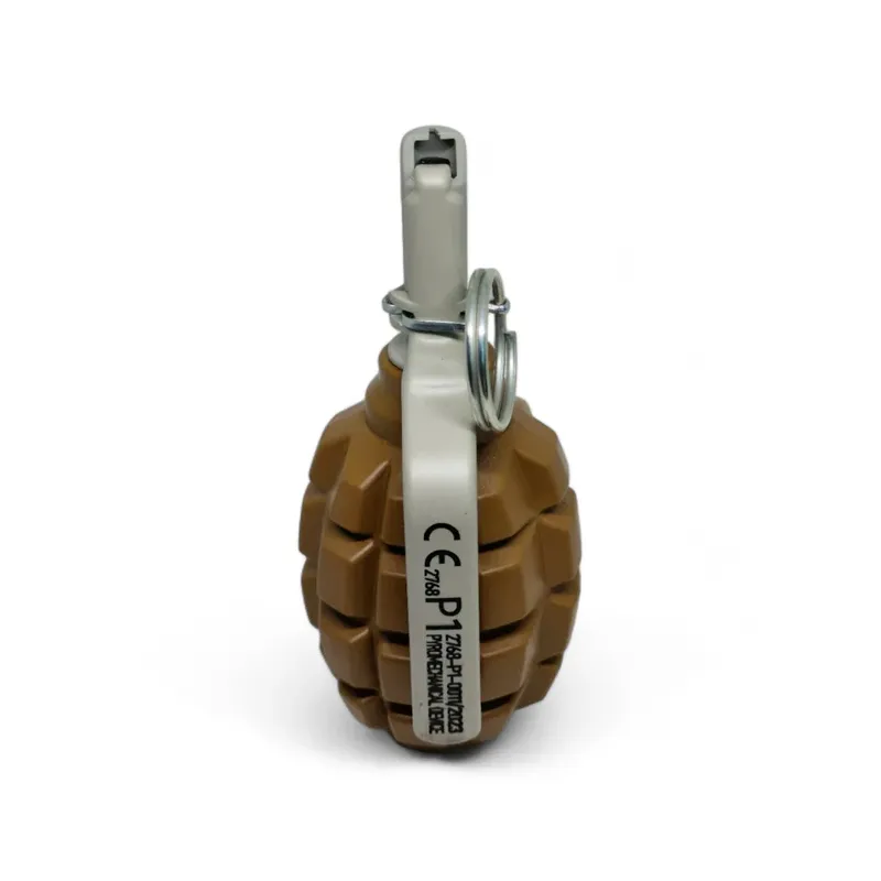 Grenade Pyrosoft PIRO-F1-G debout, levier marqué CE P1 vu de face