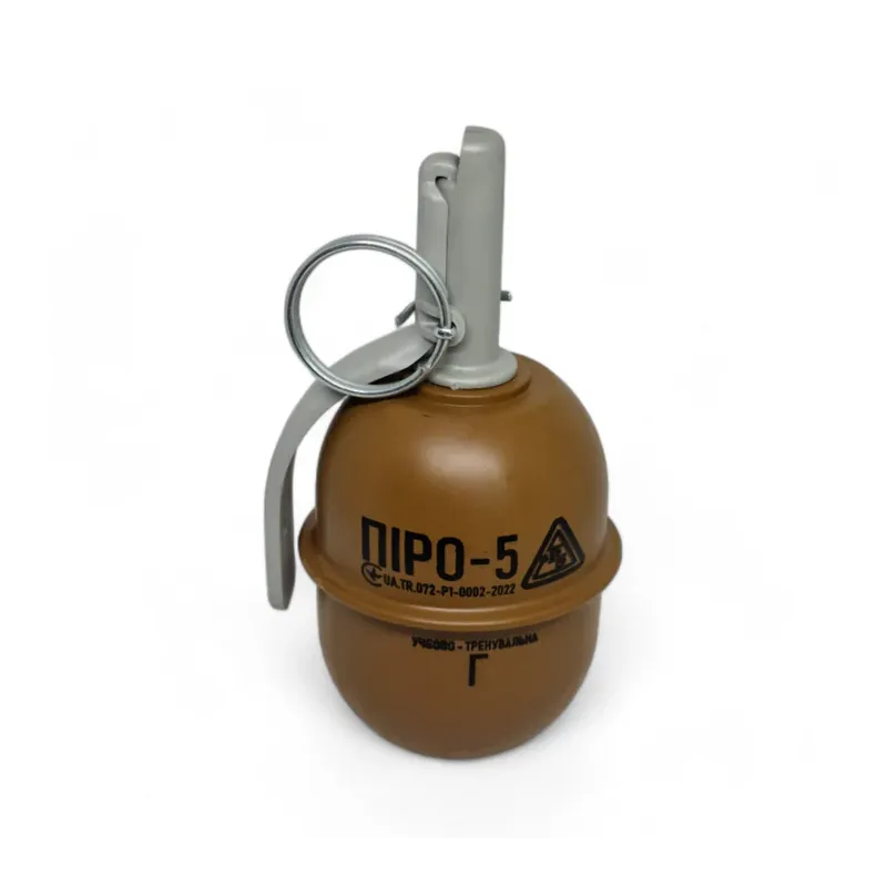 Grenade Pyrosoft PIRO-5G debout, marquage ПІРО-5 et Г, levier et anneau de goupille