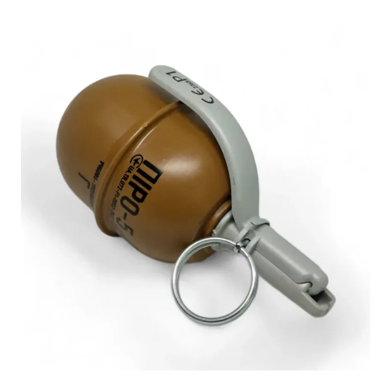 Grenade Pyrosoft PIRO-5G, vue plongeante sur le marquage, le levier et l'anneau