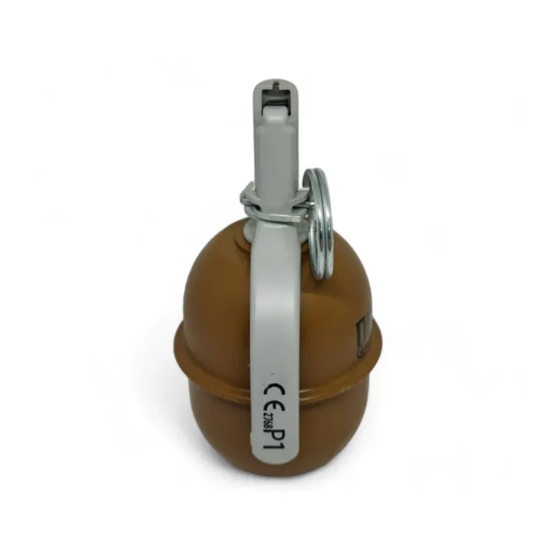 Grenade Pyrosoft PIRO-5G debout, levier marqué CE P1 vu de face