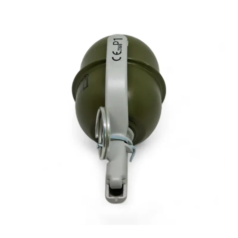 Grenade Pyrosoft PIRO-5M couchée, levier gris marqué CE P1 vu de dessus