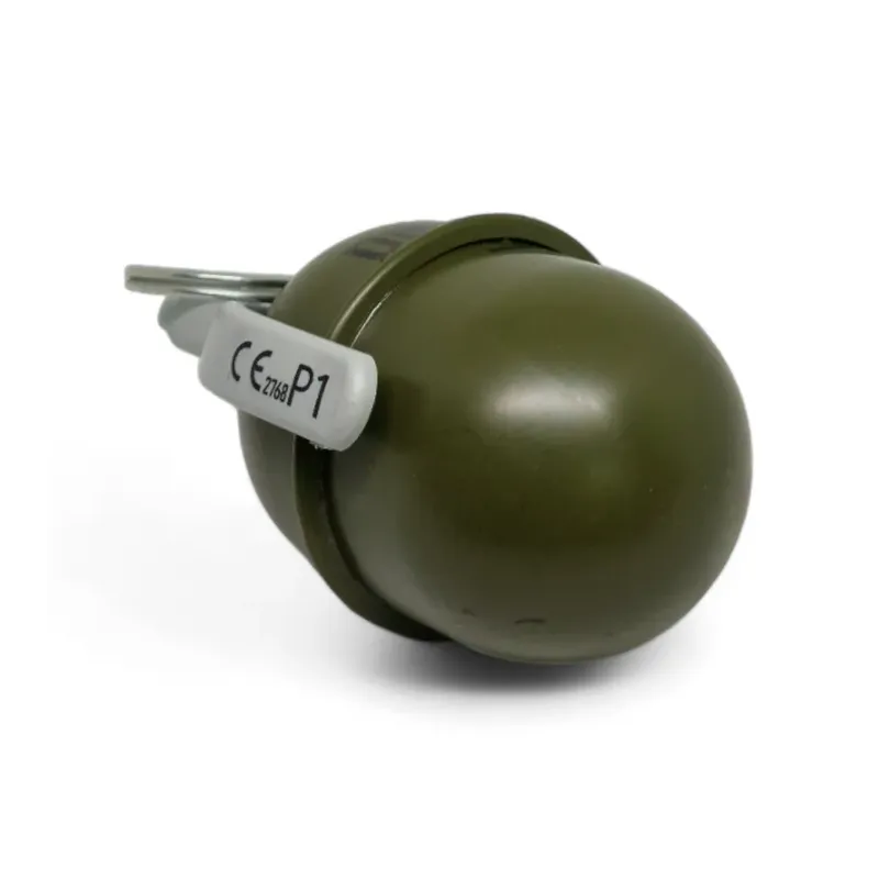 Grenade Pyrosoft PIRO-5M vue côté culot, extrémité du levier marquée CE P1