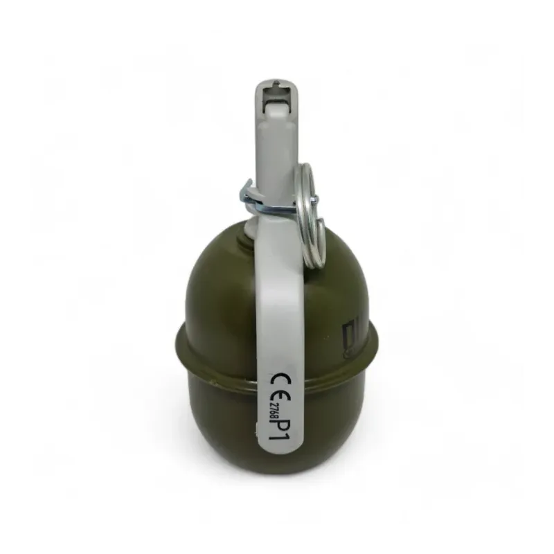 Grenade Pyrosoft PIRO-5M debout, levier marqué CE P1 vu de face