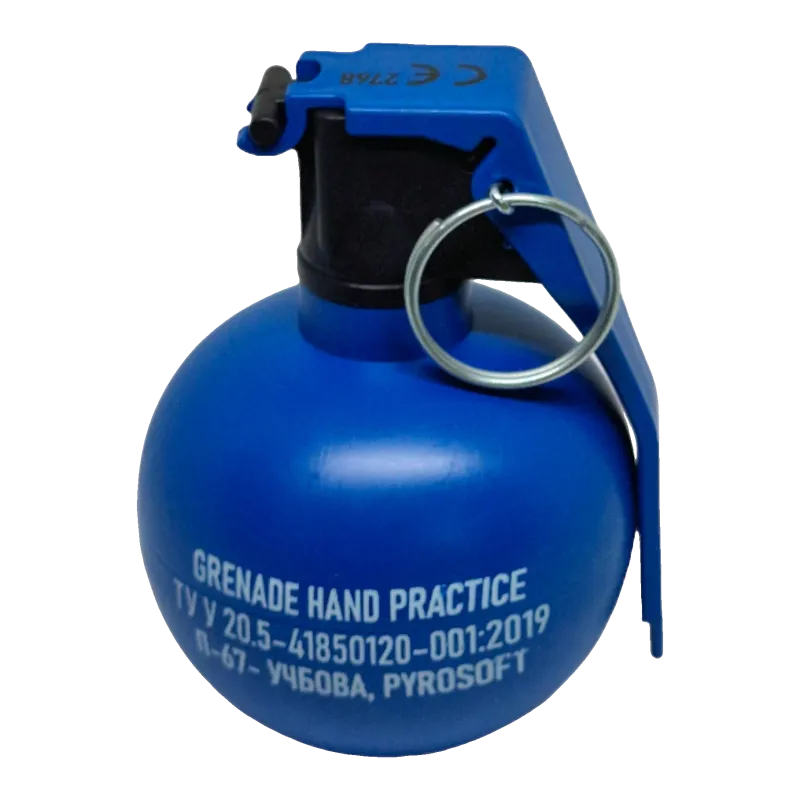 Grenade d'entraînement Pyrosoft P-67 bleue, vue de face avec marquage, goupille et levier