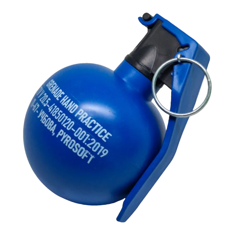 Grenade d'entraînement Pyrosoft P-67 bleue inclinée, marquage, levier et anneau