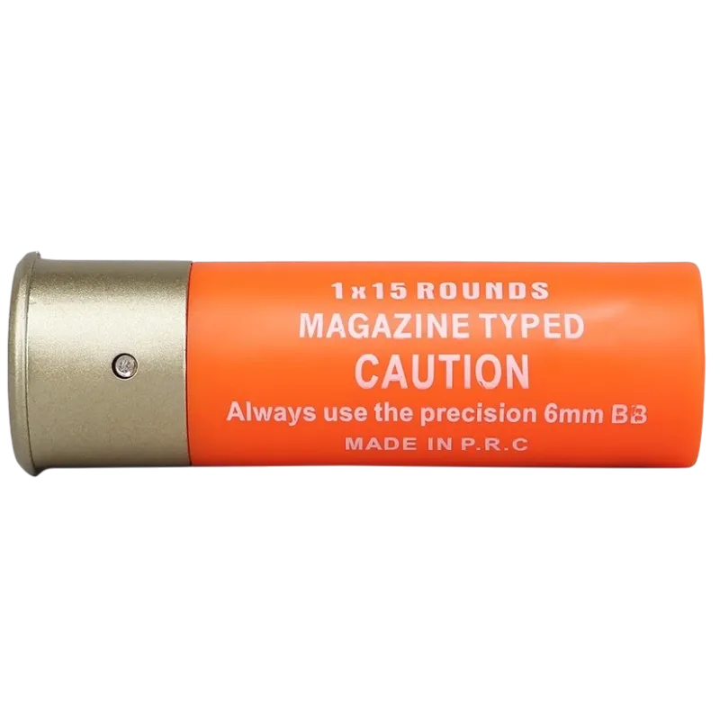 Cartouche orange Wosport 15 billes pour fusil à pompe airsoft, profil avec marquage 1x15 rounds