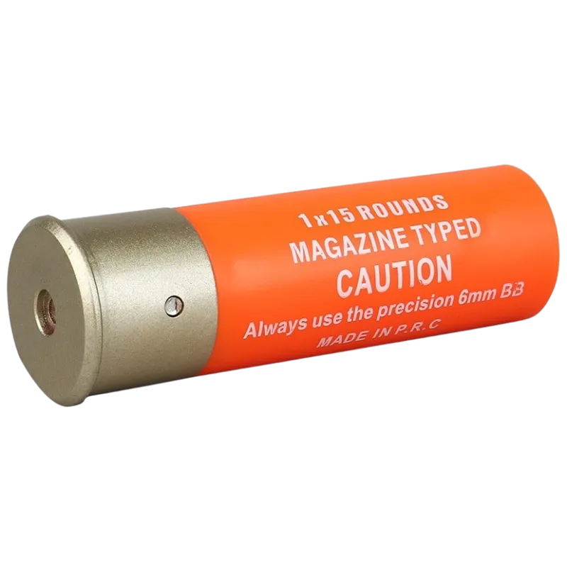 Cartouche orange Wosport 15 billes pour fusil à pompe, trois quarts côté culot doré fileté